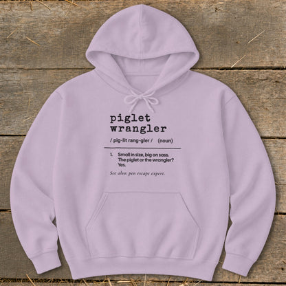 Light purple hoodie with text defining "piglet wrangler".