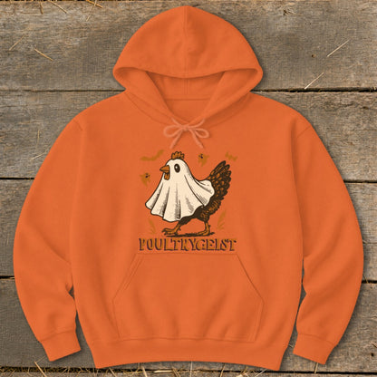 Orange hoodie with chicken dressed as a ghost and text "POULTRYGEIST".
