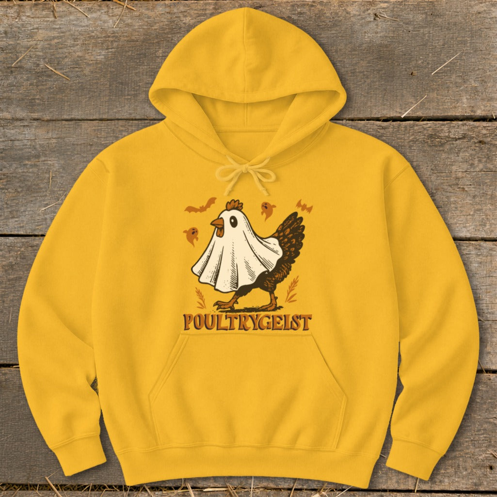 Yellow hoodie with a chicken dressed as a ghost and the text "POULTRYGEIST".