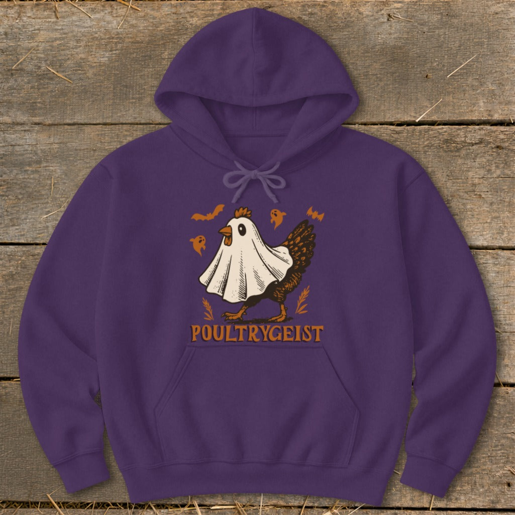 Purple hoodie with a chicken dressed as a ghost and the text "POULTRYGEIST".