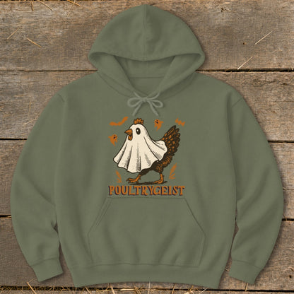 Olive green hoodie with a chicken dressed as a ghost, "POULTRYGEIST" text.