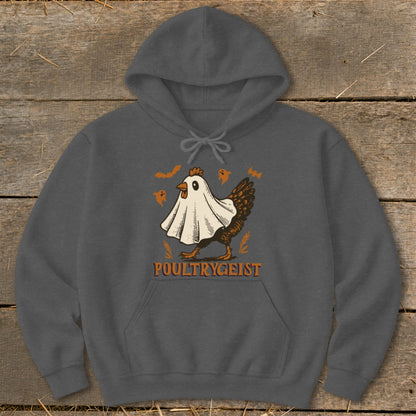 Chicken in a ghost costume with "POULTRYGEIST" text and Halloween bats.