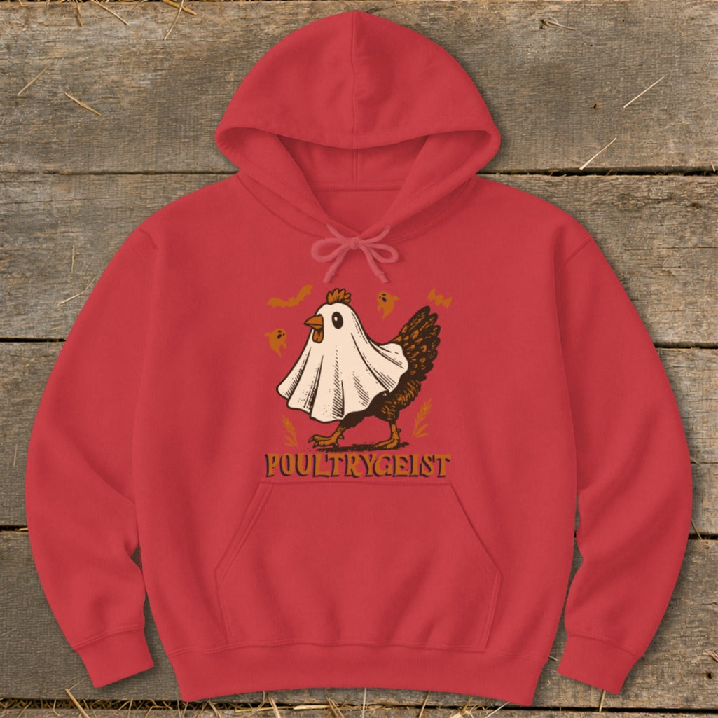 Red hoodie with a chicken in a ghost costume and "POULTRYGEIST" text.