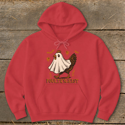 Red hoodie with a chicken in a ghost costume and "POULTRYGEIST" text.