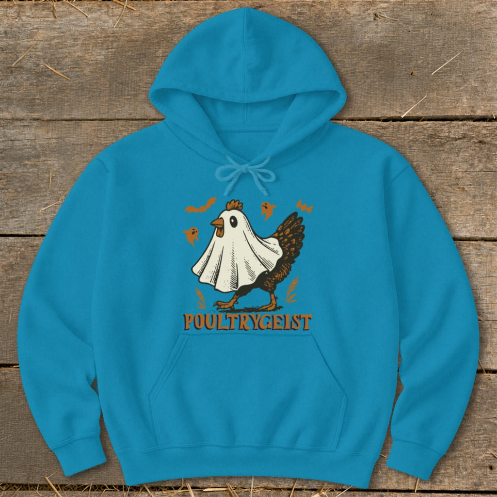 Turquoise hoodie with a chicken ghost graphic and "POULTRYGEIST" text.