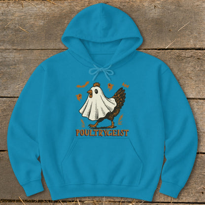 Turquoise hoodie with a chicken ghost graphic and "POULTRYGEIST" text.