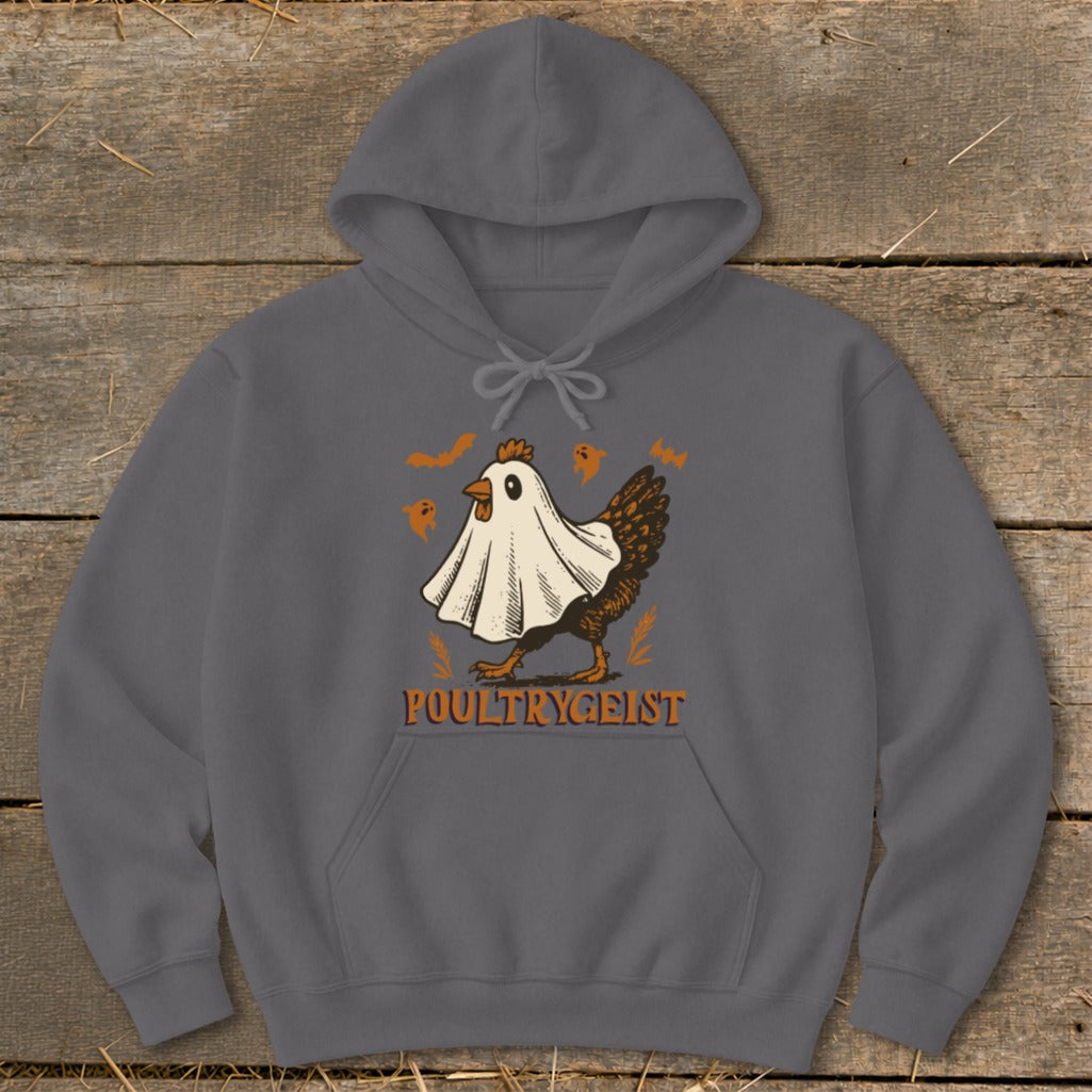 Chicken dressed as a ghost with "POULTRYGEIST" text and small bats.