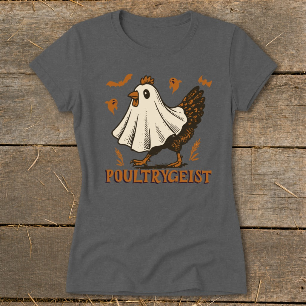 Chicken wearing a ghost costume with bats and ghosts, "POULTRYGEIST" text.