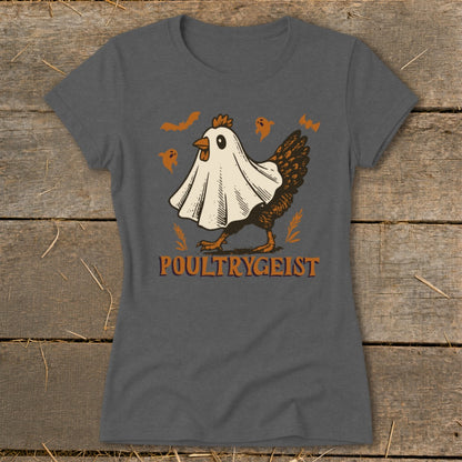 Chicken wearing a ghost costume with bats and ghosts, "POULTRYGEIST" text.