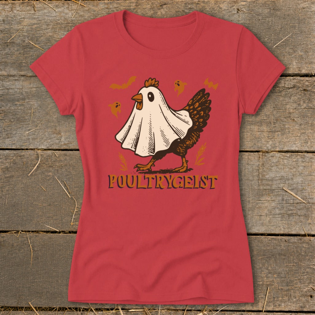Chicken in a ghost sheet with "Poultrygeist" text and small ghosts.