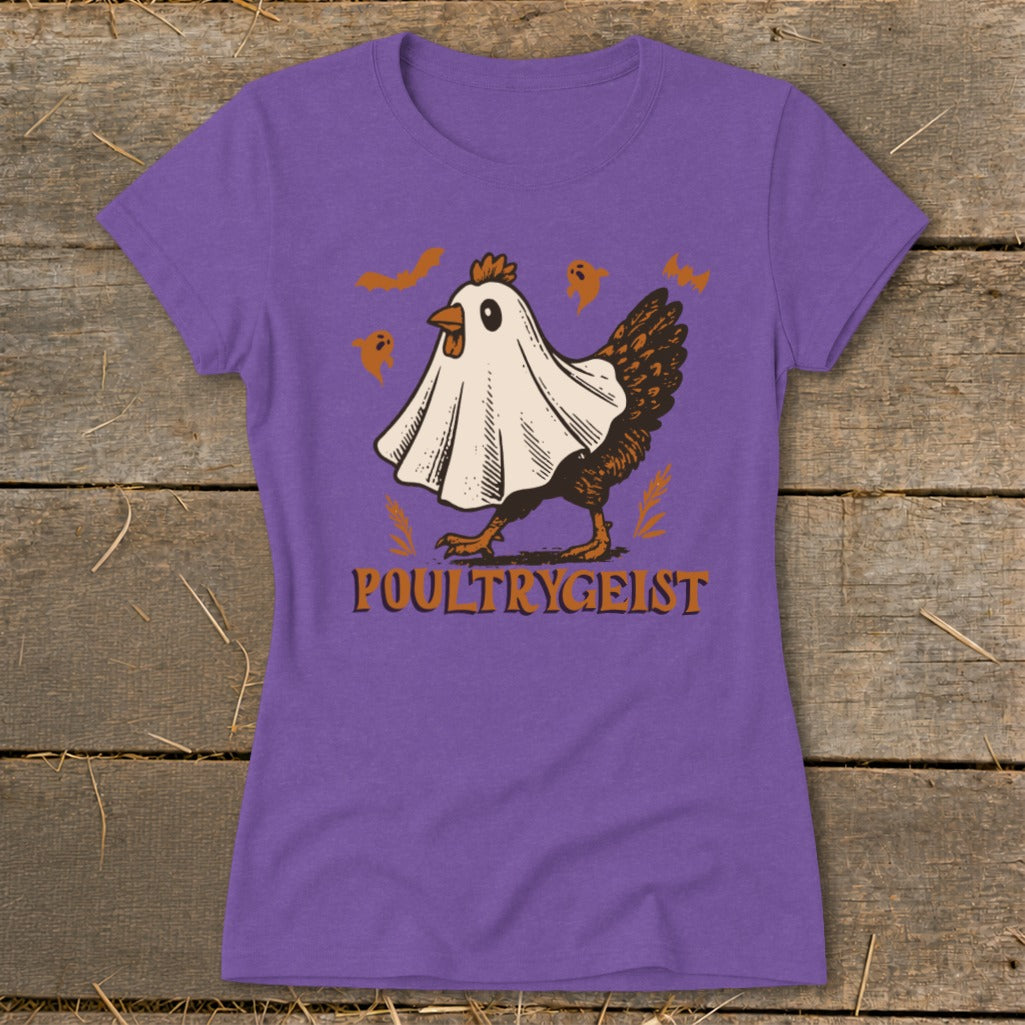 Purple t-shirt with a chicken dressed as a ghost and the text "POULTRYGEIST".