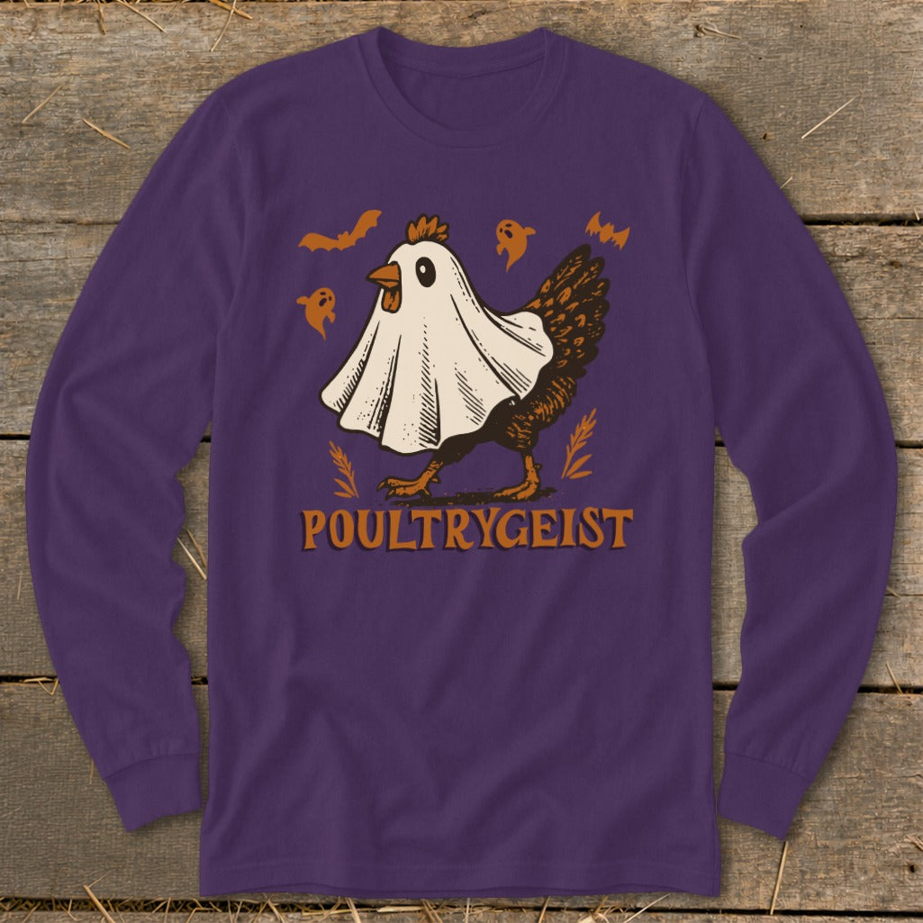 Chicken wearing a ghost costume with bats and ghosts around it, "POULTRYGEIST" text.