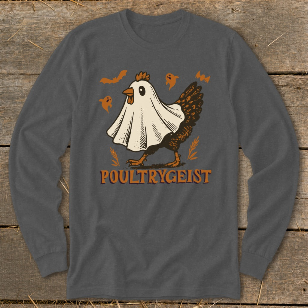 Chicken in ghost costume with "POULTRYGEIST" text and Halloween motifs.
