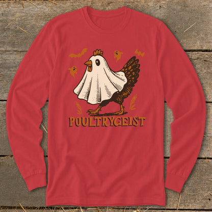 Red long-sleeve shirt with a chicken wearing a ghost costume and text that reads "POULTRYGEIST".
