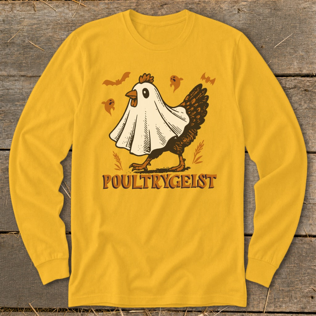 Chicken wearing a ghost costume with text "POULTRYGEIST" and Halloween motifs.