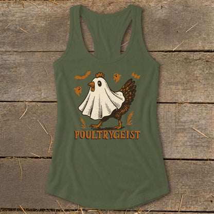 Chicken in a ghost costume with bats and ghosts, "POULTRYGEIST" text.