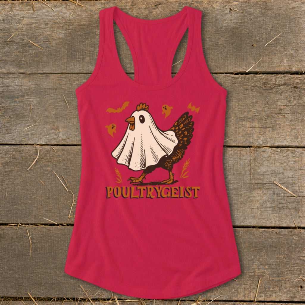 Pink tank top with chicken ghost graphic and "POULTRYGEIST" text.