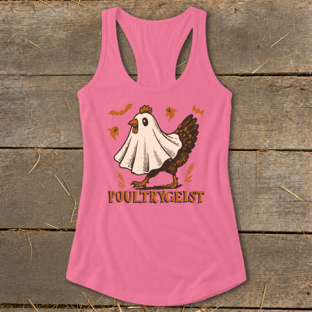Pink tank top with a chicken dressed as a ghost, bats, and "POULTRYGEIST" text.