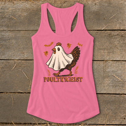 Pink tank top with a chicken dressed as a ghost, bats, and "POULTRYGEIST" text.