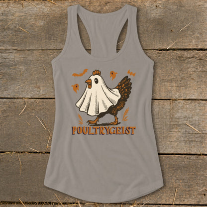 Chicken in a ghost costume with bats and pumpkins, text "Poultrygeist".