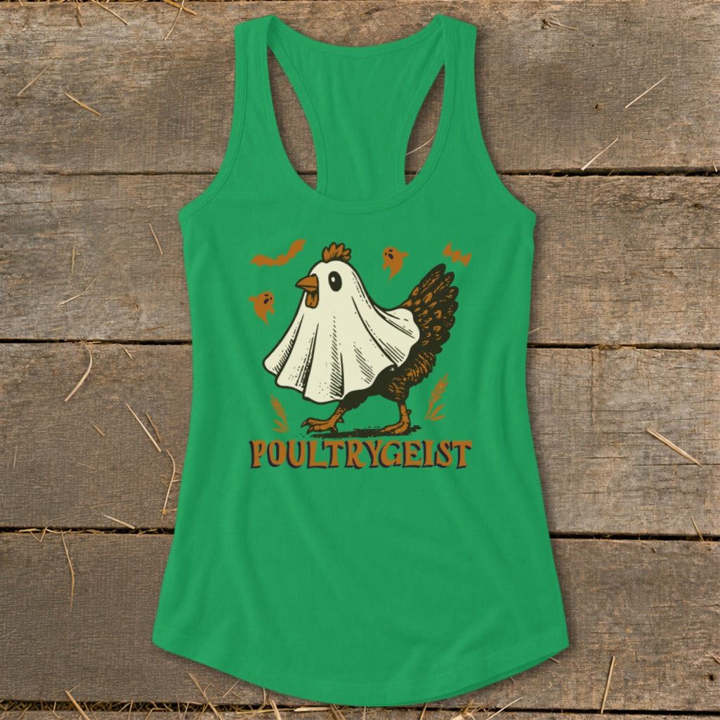 Green tank top featuring a chicken in a ghost costume with bats and text.