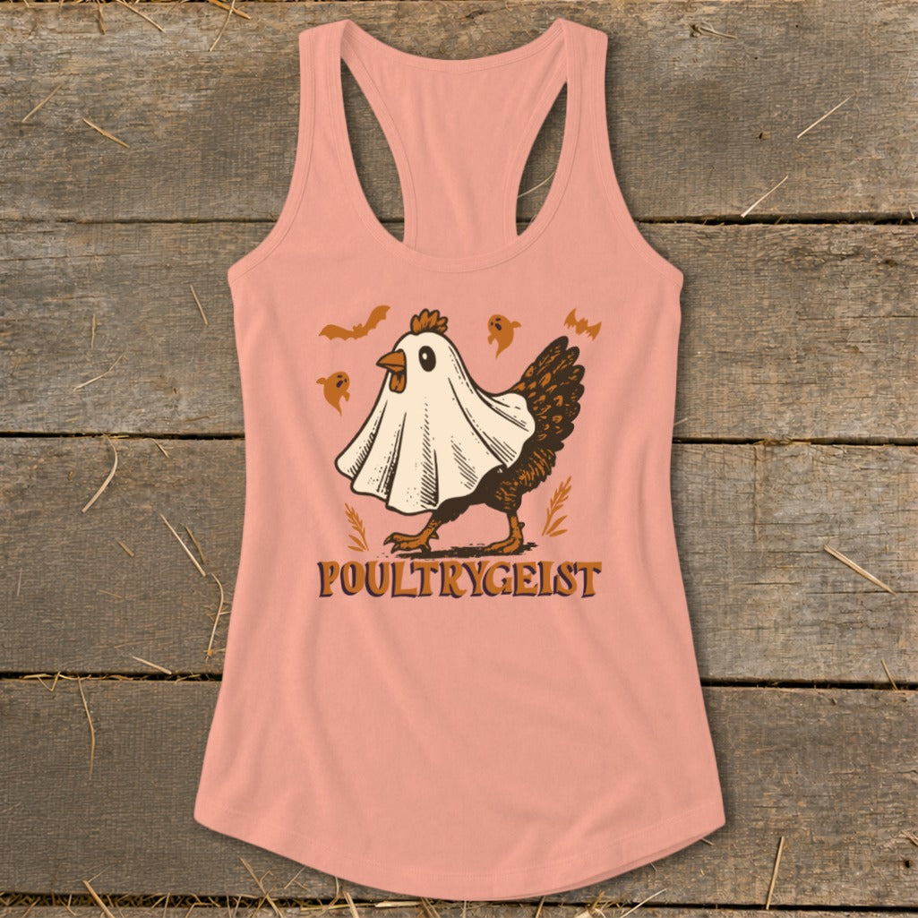 Peach tank top with a "Poultrygeist" graphic of a chicken in a ghost costume with bats and ghosts.