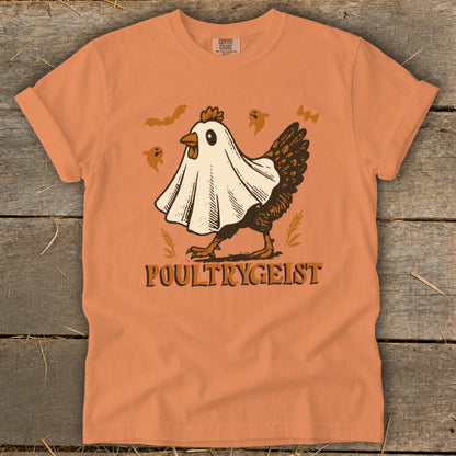 Orange t-shirt with a chicken wearing a ghost costume and the text "POULTRYGEIST".