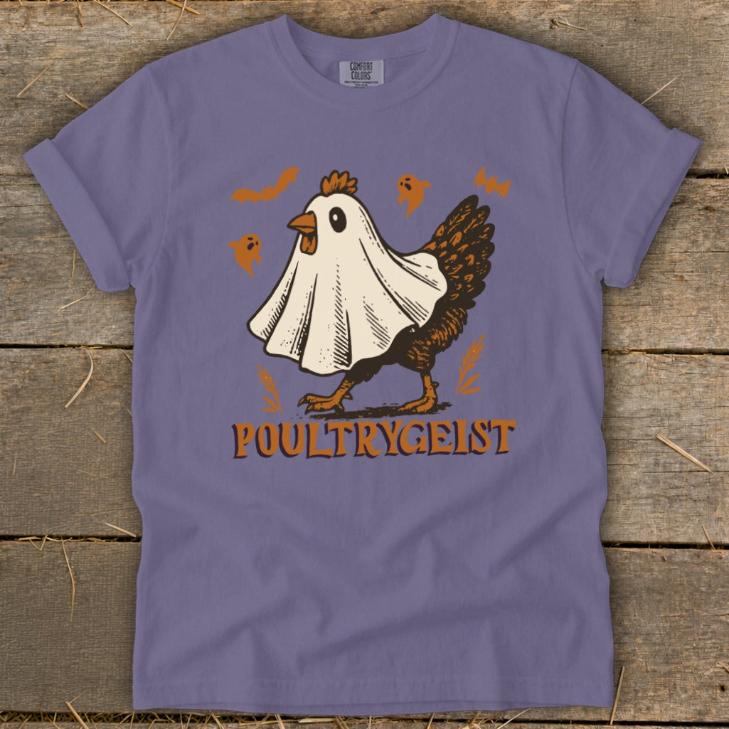 Chicken in a sheet with ghosts and bats, "POULTRYGEIST" text.