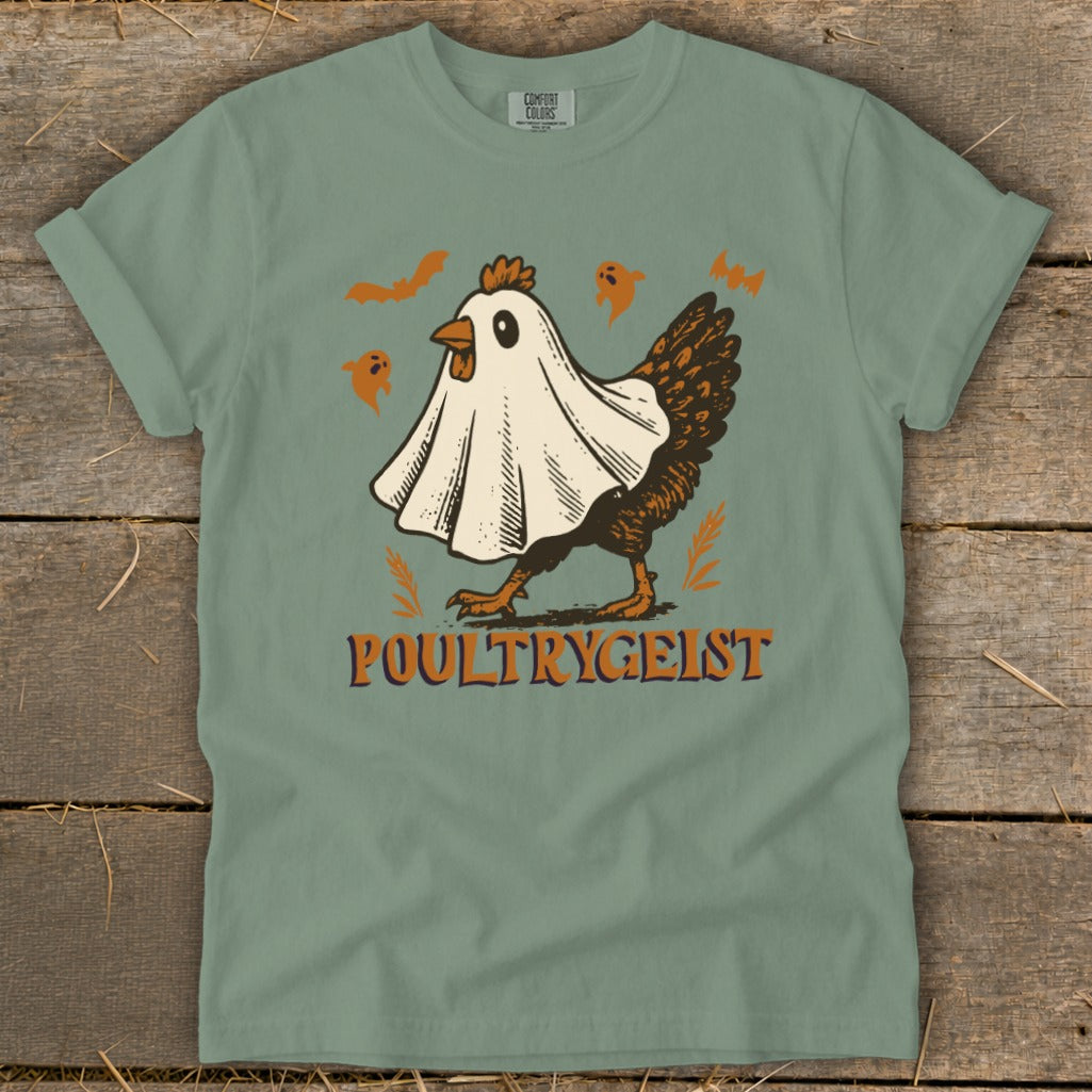 Chicken wearing a ghost costume with "POULTRYGEIST" text and spooky Halloween graphics.