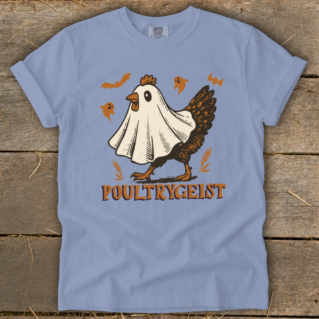 Chicken in a ghost costume with "POULTRYGEIST" text and Halloween graphics.