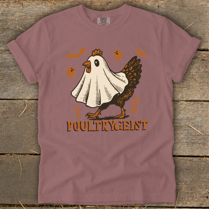 Chicken in a ghost costume with "POULTRYGEIST" text and small ghost graphics.