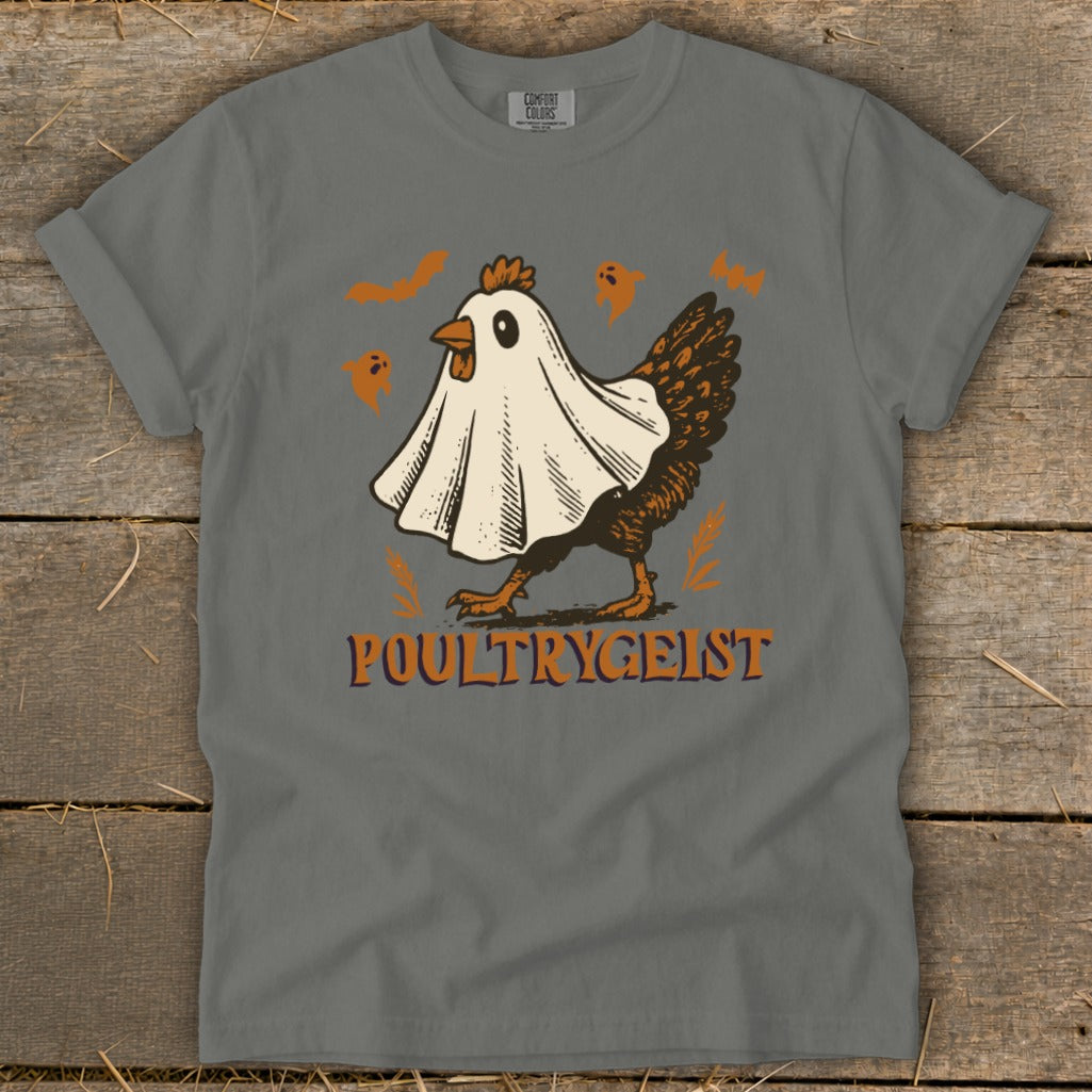 Chicken in a ghost costume with "POULTRYGEIST" text and small ghosts.