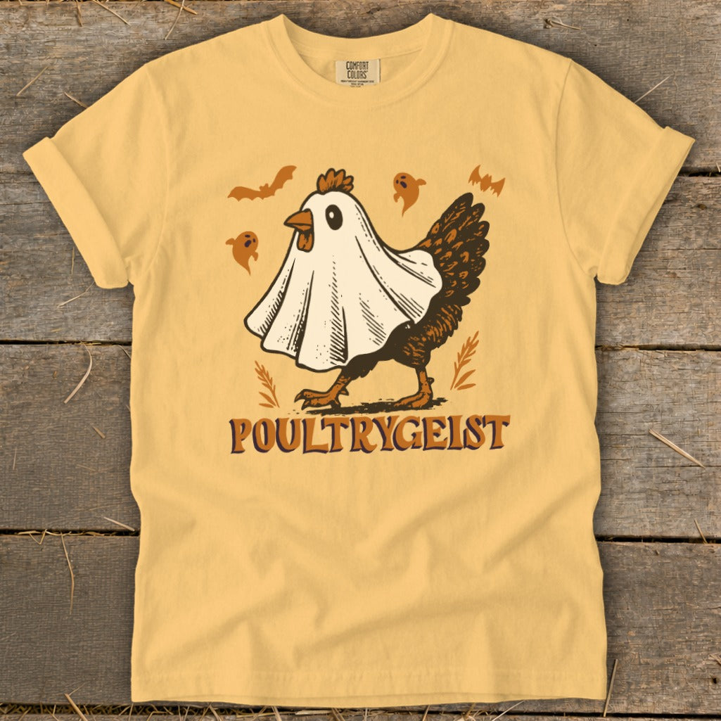 Chicken in a ghost costume with "POULTRYGEIST" text and Halloween bats.
