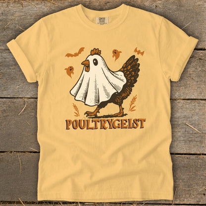 Chicken in a ghost costume with "POULTRYGEIST" text and Halloween bats.