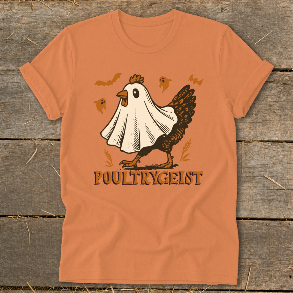 Orange t-shirt with "Poultrygeist" text and a chicken dressed as a ghost.