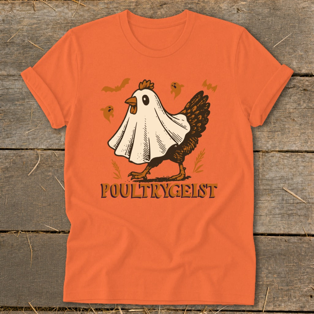 Orange t-shirt with a chicken wearing a ghost costume and the text "POULTRYGEIST".