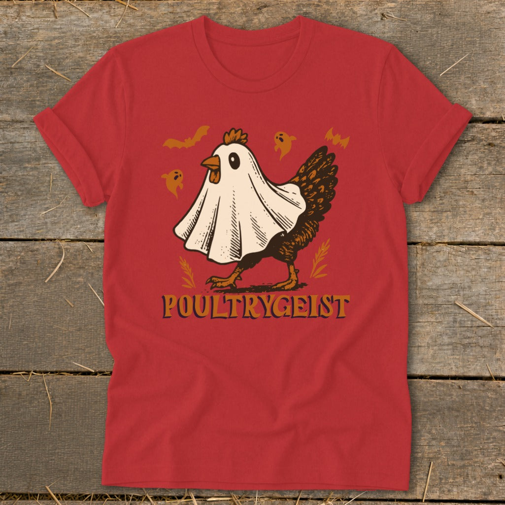 Red t-shirt with a chicken wearing a ghost costume and "Poultrygeist" text.