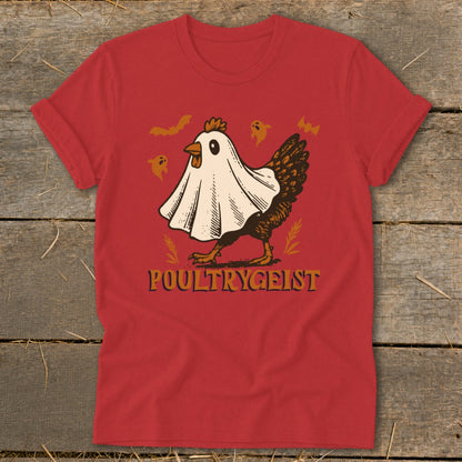 Red t-shirt with a chicken wearing a ghost costume and "Poultrygeist" text.