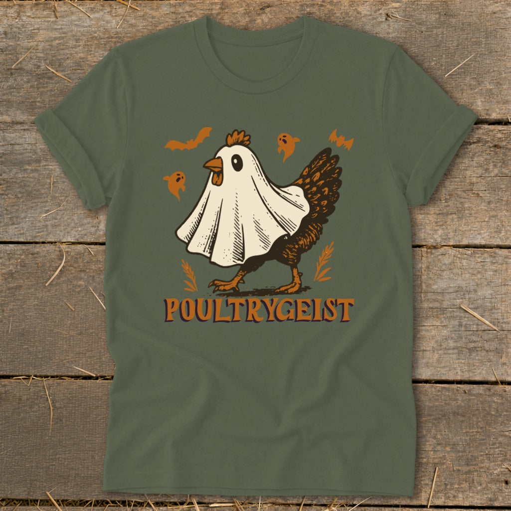 Chicken in a ghost costume with "POULTRYGEIST" text and small bats and ghosts.