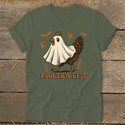 Chicken in a ghost costume with "POULTRYGEIST" text and small bats and ghosts.