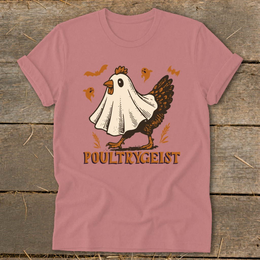 Chicken in a ghost costume with "POULTRYGEIST" text and Halloween motifs.