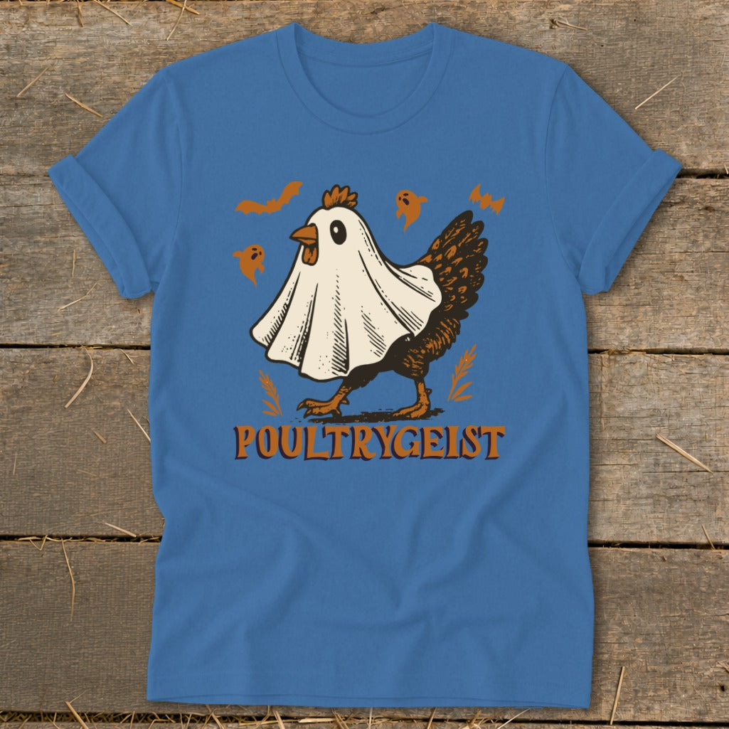 Blue t-shirt with a chicken wearing a ghost costume and the text "Poultrygeist".