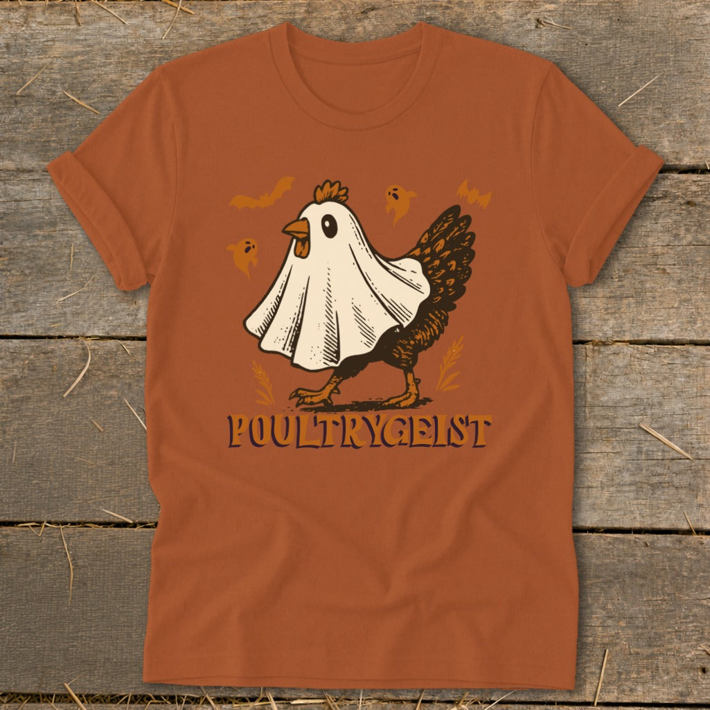 Orange t-shirt with a chicken wearing a ghost costume and "POULTRYGEIST" text.