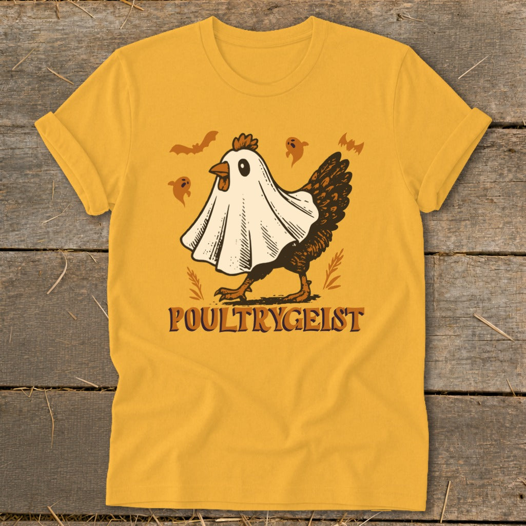 Chicken wearing a ghost costume with bats and ghosts, reads "POULTRYGEIST".