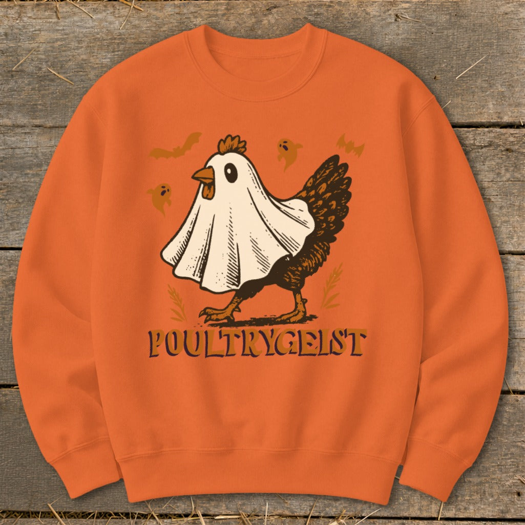 Chicken wearing ghost costume with "POULTRYGEIST" text and Halloween elements.