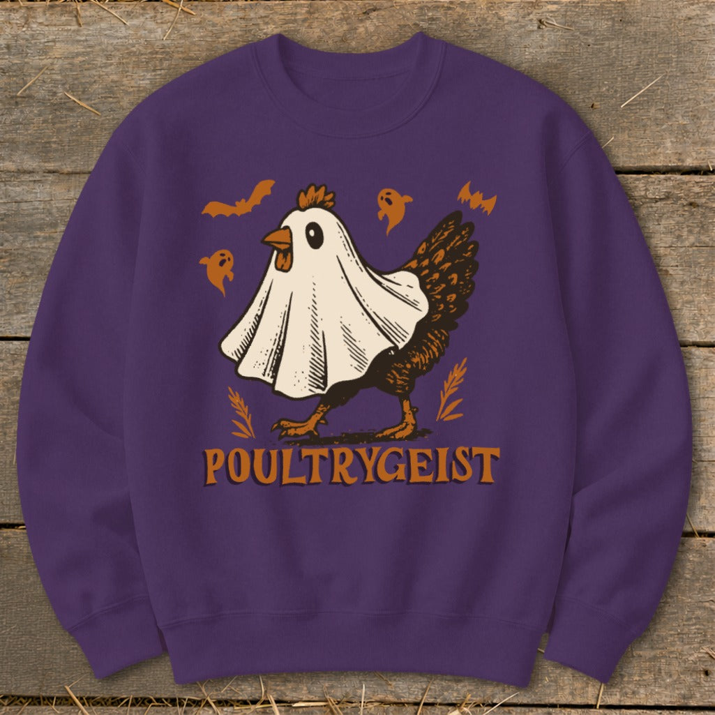 Chicken in a sheet with "POULTRYGEIST" text, surrounded by bats and ghosts.