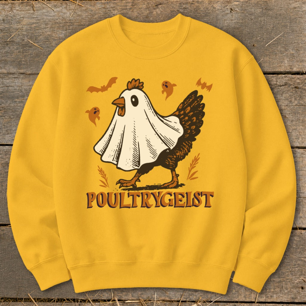 Chicken dressed as a ghost with "POULTRYGEIST" text.