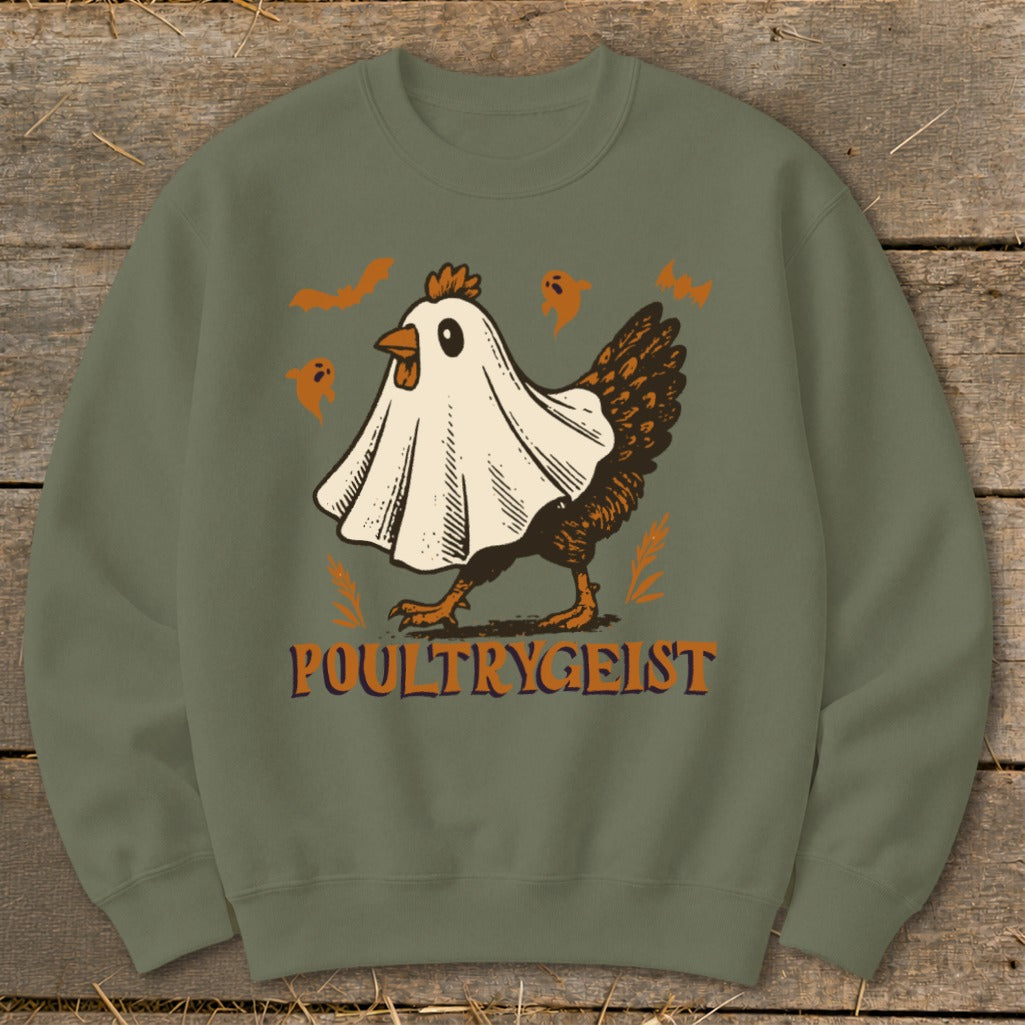Chicken in a ghost costume with "POULTRYGEIST" text, surrounded by bats and ghosts.