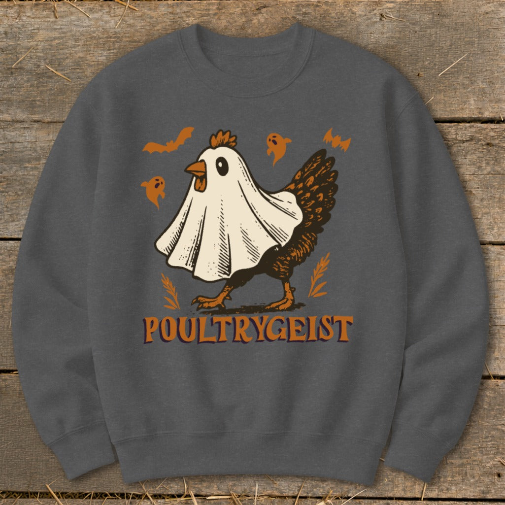 Chicken in a ghost costume with "POULTRYGEIST" text and Halloween decorations.