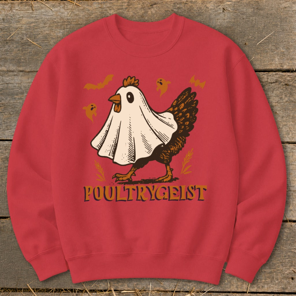 Red sweatshirt with a chicken dressed as a ghost and the text "POULTRYGEIST".